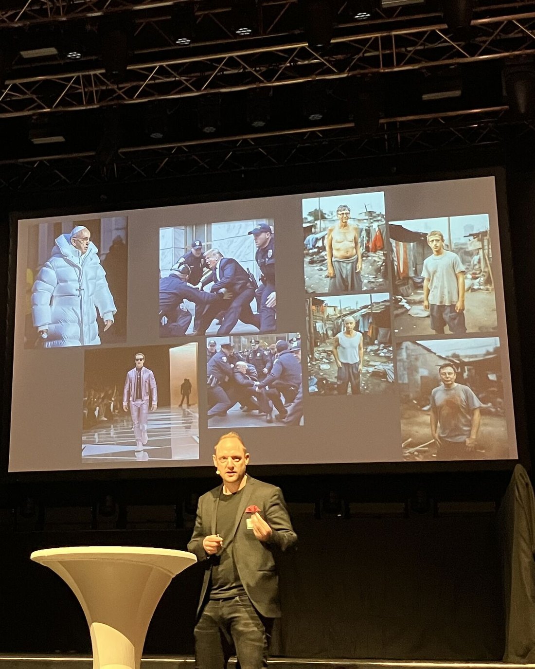 Fabian Roser as an AI keynote speaker on stage in front of an AI-generated image wall